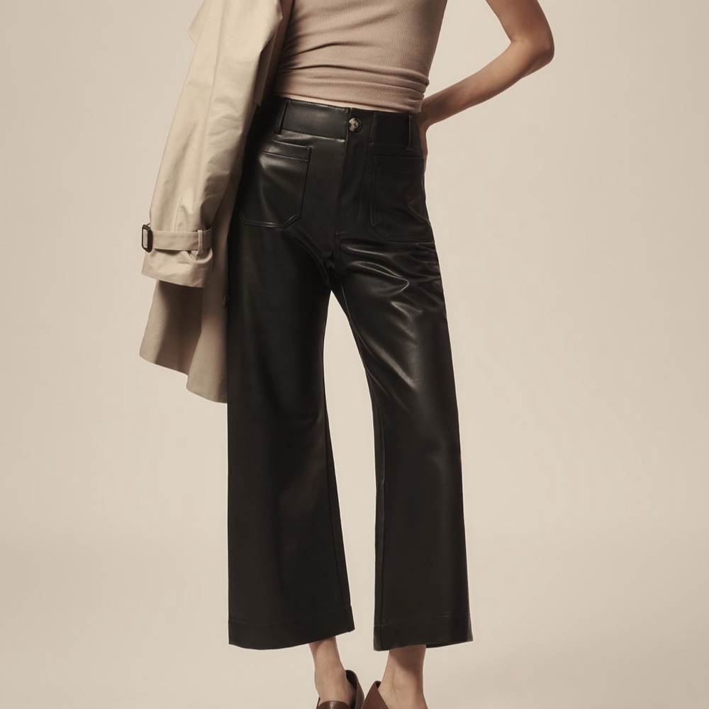 anthropologie maeve cropped black faux leather wide leg pants